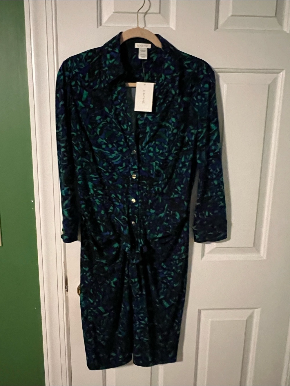Cache Long-Sleeve Printed Shirt Dress in Teal & Navy